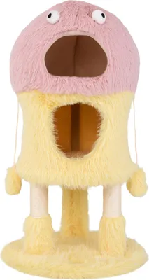 Produktbild von GOPLUS Kratzbaum, Katzenbaum im Monstermotiv mit 2 Katzenhöhlen, Sisalpfosten und hängenden Spielzeugen, Rosa + Gelb