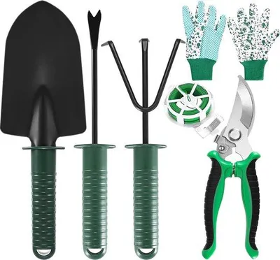 Image de Ensemble de 6 outils de jardinage, comprenant des outils en acier inoxydable, un sécateur, un transplanteur, des ciseaux, des gants et 30 m de ficelle de jardin