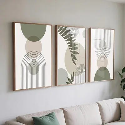 Produktbild von Famanu Wanddekoration Set aus 3 in Salbeigrün - Leinwanddrucke - Boho-Japandi Stil für Wohnzimmer und Schlafzimmer - 40 x 60 cm