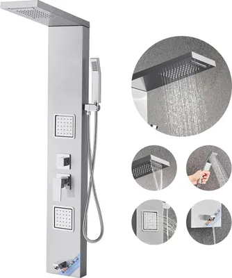 Image de SucceBuy Panneau de douche 5 en 1 système de tour en acier inoxydable avec fonction pluie et chute d'eau