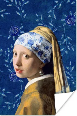 Produktbild von MuchoWow® Poster Mädchen mit Perlenohrring - Delfter Blau - Vermeer - Blumen - Gemälde - Alte Meister 120x180 cm - Kunstposter