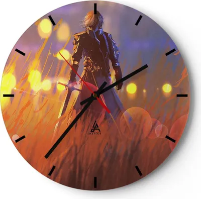 Produktbild von Wanduhr - Rund - Glasuhr - Krieger Schwert - 40x40cm - Schleichendes Uhrwerk - Lautlos - zum Aufhängen bereit - Dekoration Modern - Wanddekoration aus Glas - C3AR40x40-3819