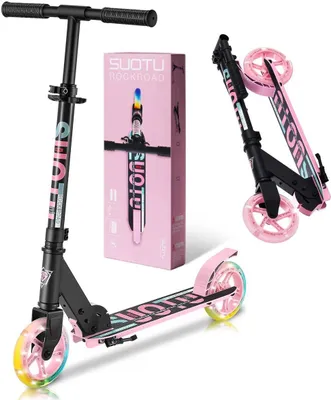 Image de Suotu Trottinette Kinderroller noire/rose – sûre et pliable, pour les enfants de 3 à 9 ans, roues LED sans batterie, hauteur réglable de 71 à 86 cm
