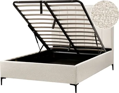 Produktbild von BELIANI Polsterbett Cremeweiß Bouclé Gesteppt mit Hohem Kopfteil Bettkasten Lattenrost 140x200 cm Hochklappbar für Schlafzimmer Doppelbett Ehebett