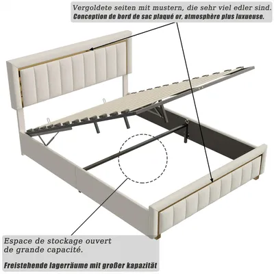Obrázok produktu pre Čalúnená dvojlôžková posteľ - rám postele 180 x 200 cm - hydraulický úložný priestor - rošt - nastaviteľná opierka hlavy - zamat - béžová