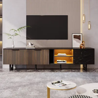 Produktbild von Flieks TV-Schrank mit 2 Türen und LED-Beleuchtung, TV-Möbel 200x38x50 cm, Wohnzimmerschrank im neuen klassischen Stil, schwarz + Holzfarbe
