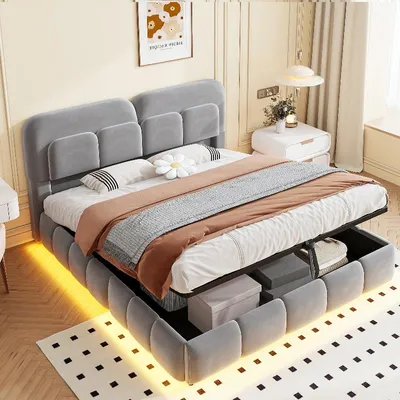 Obrázok produktu pre Postel s čalúneným rámom 140x200 cm s LED osvetlením a hydraulickým úložným priestorom, poťah z velúru, farba: sivá. Posteľ s čelom a roštom, vhodná do spálne