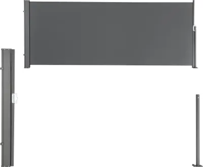 A retractable side awning and its support poles are displayed against a white background.