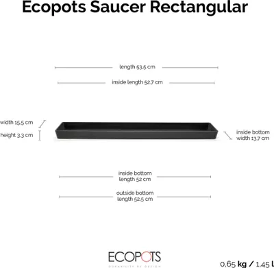 Image de Ecopots Soucoupe rectangulaire 55 pour pot de fleurs - L 53,5 cm x l 15,5 cm x H 3,3 cm - Usage intérieur et extérieur