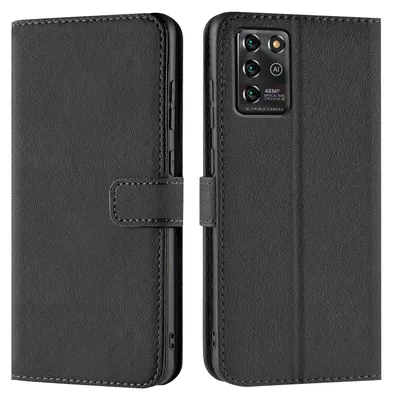 A black flip case for a smartphone is shown from the front and back.