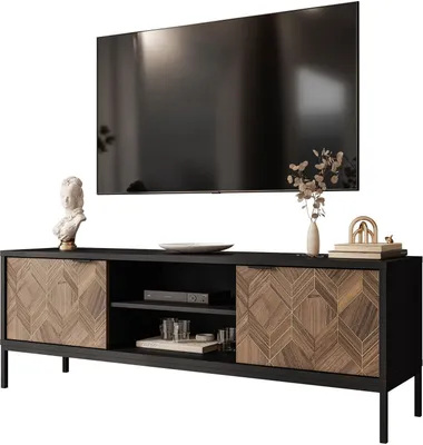 A TV stand with a TV mounted above it, displayed against a white background.