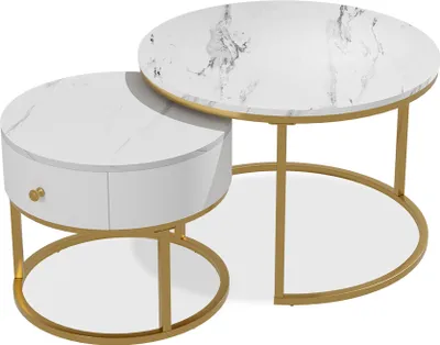 Zdjęcie produktu dla Zestaw stolików kawowych  Vicco Madrid Biały marmur 70 x 70 cm mały stolik z szufladą, Model 51682