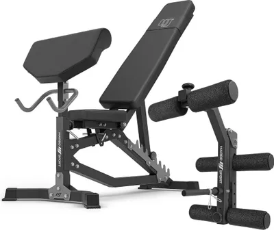 A black and gray adjustable weight bench with a curl pad and leg press attachment, shown against a white background.