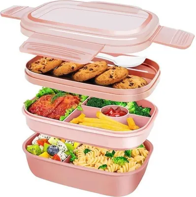 Obrázek produktu pro obědový box o objemu 1900 ml pro děti i dospělé - Bento box na oběd se 3 přihrádkami a příbory - vhodný do mikrovlnné trouby a myčky nádobí - růžový