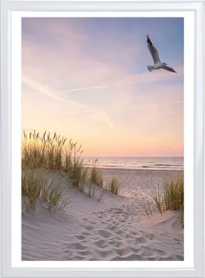 A serene beach scene at sunset with a path leading to the ocean and a seagull flying in the sky.