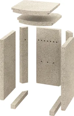 An exploded view of fireplace lining components.