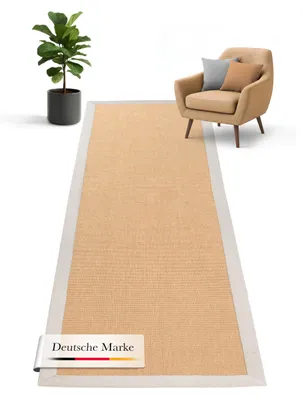 Produktbild von Sisalteppich Läufer Naturfarbe 75x350 cm handgewebt mit Bordüre aus Baumwolle in Taupe | Rutschfester Flachgewebe Teppichläufer Uni aus Naturfasern für Wohnzimmer, Schlafzimmer
