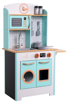 Produktbild von Teamson Kids Little Chef Kleines Retro Holzspielküchenspielzeug Rollenspielset mit interaktiven Funktionen und 7 Rollenspielzubehör Blau/Weiß TD-13629A