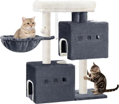 Image de Arbre à chat avec 2 cachettes, hauteur de 98 cm, 3 poteaux en sisal, une grande plateforme, idéal pour les petits chats