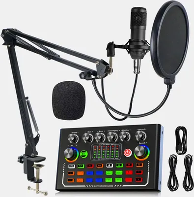 Zdjęcie produktu dla Zestaw sprzętu do podcastów ZELURXX, wszechstronny interfejs audio z pojemnościowym mikrofonem studyjnym, do podcastów, nagrywania, śpiewania, streamowania, grania
