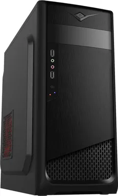 A black computer case is shown from a three-quarter angle against a black background.
