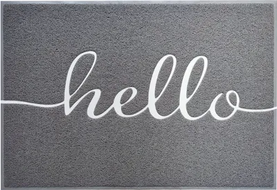 Produktbild von Vinyl Spaghettimatte in Zwei Farben mit oder Ohne Aufdruck Grau Hello 50 x 80 cm
