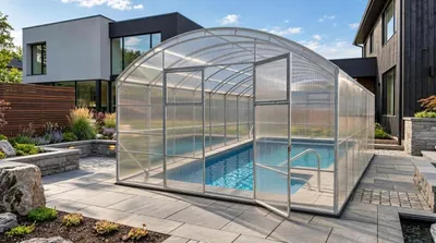 Zdjęcie produktu dla Pokrywa basenowa "Adria" firmy Garten Dream. Wymiary: 4x10 metrów, wykonana z poliwęglanu o grubości 6 mm. Przeznaczona do użytku przez cały rok. Odporna na śnieg i wiatr. Dwa drzwi po każdej stronie. Zabezpieczenie przed korozją