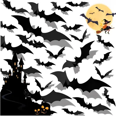 Productafbeelding van 120 stuks Halloween 3D vleermuisdecoraties, wandstickers in 4 verschillende maten, waterdicht PVC, griezelig zwart, verwijderbaar. DIY Halloween decoratieset