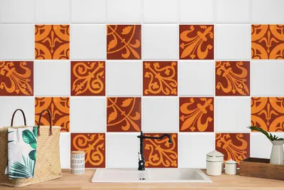 Produktbild von 24 Stück Laminierter Aufkleber Für Bad Küche Fliesensticker Bodenfliesen Orange Arabeske 20 x 20 cm