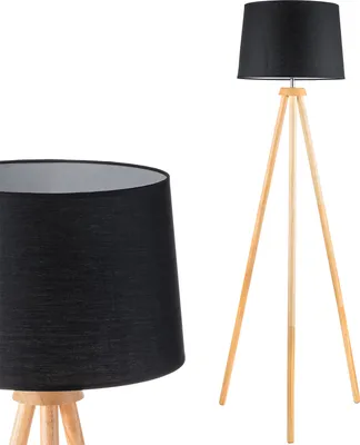 A floor lamp with a black shade and a wooden tripod base is shown against a white background. A close-up of the lampshade is also visible on the left.