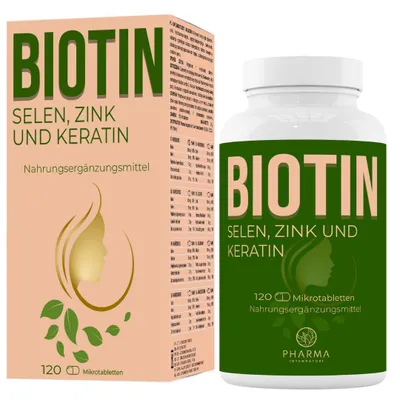 Produktbild von Biotin Zink Selen Hochdosiert – 120 Tabletten für Haare - Mit Kollagen und Keratin. 1 Tablette täglich. Vorrat für 120 Tage