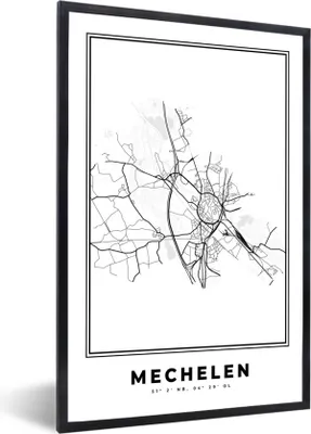 Produktbild von MuchoWow® Gerahmtes Poster Belgien - Mechelen - Stadtplan - Karte - Schwarz und weiß - Karte 20x30 cm - Poster mit Schwarzem Bilderrahmen Wandposter Rahmen Foto Bilder - Drucken - Bilder Poster im Rahmen