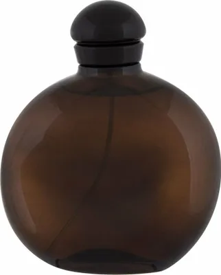 A brown glass perfume bottle with a black cap on a white background.