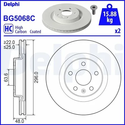 Produktbild von 2x DELPHI Bremsscheibe BG5068C für VOLVO XC40 (536) 48mm 296mm