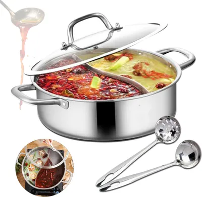 Produktbild von 32cm nerezový hrnec na polévku Shabu Pot Ohnivý hrnec s 2* polévkovými naběračkami a pokličkou Indukce (stříbrná)