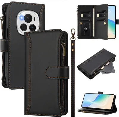 Produktbild von Handyhülle für Honor Magic6 Pro Reißverschluss Geldbörse Kunstleder Klapphülle mit Kartensteckplatz, Ständer, Handschlaufe Schwarz