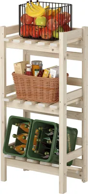 A wooden shelving unit filled with groceries and drinks.