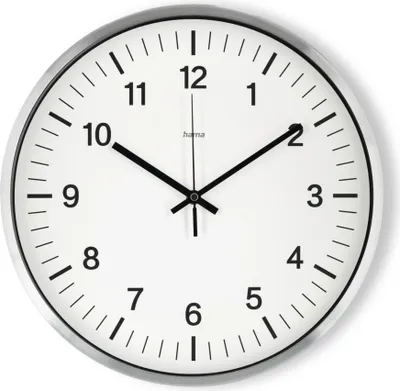 A wall clock with a white face, black numbers, and silver frame.