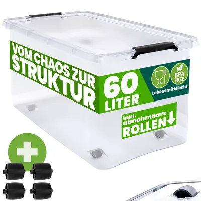 Produktbild von DEUBA® Aufbewahrungsboxen 60l mit Deckel und Rollen, stapelbar, transparent Kunststoff BPA-frei Klickverschluss, RB60 für Büro, Garage, Waschraum