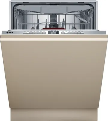 A fully integrated dishwasher with its door open, showing the interior racks and control panel.