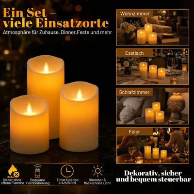 Produktbild von Ikodm LED Kerzen Echtwachskerzen 3er Set aus Paraffinwachs 15 / 12,5 / 10 cm - mit Fernbedienung Timer dimmbar beweglicher Flamme warmweiß Elfenbein