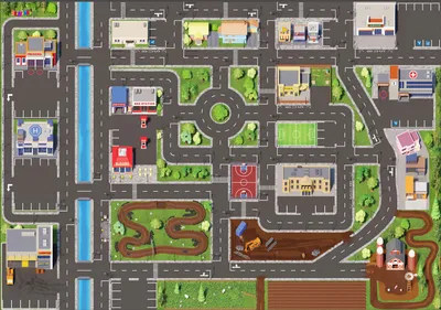 A bird's-eye view of a toy town playmat with roads, buildings, and various play areas.