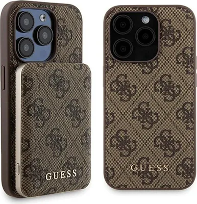 Two views of an iPhone case with a power bank attachment, both featuring a brown monogram pattern and gold branding.