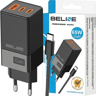 Productafbeelding van Beline Ład. Netwerkadapter. 2x USB-C + 1x USB 65W + USB-C kabel. Zwart/Zwart. PD 3.0 + QC 3.0. Bln3Cb65C GAN