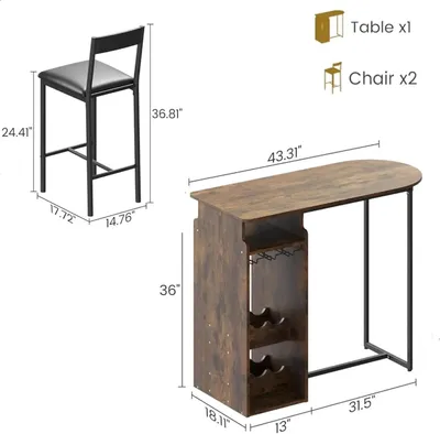Image de Table haute avec 2 tabourets - Ensemble repas pour 2 personnes - Structure en métal - Étagère à bouteilles et porte-verres - Tabourets rembourrés - Idéal pour la cuisine, la salle à manger, les petits espaces - Style rétro