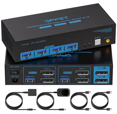 Obrázek produktu pro Přepínač KVM pro 2 počítače, podpora 8K při 60 Hz, výstup pro 2 monitory, podpora 4K při 120 Hz