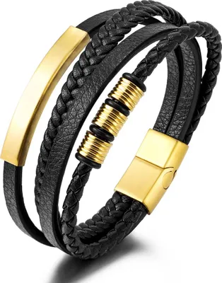 Produktbild von Schwarzes geflochtenes Lederarmband mit goldfarbener Metallplatte