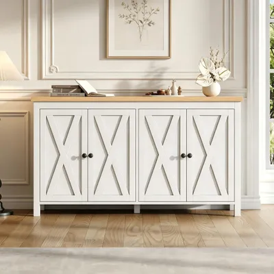 Immagine prodotto di Mobile bar moderno con finiture nere e ampio spazio di archiviazione, contenitore con scomparti, design a quattro ante, colore bianco