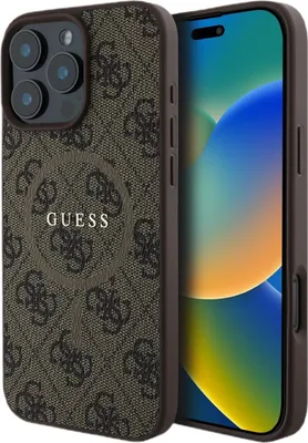 A close-up shot of an iPhone case with a repeating Guess logo pattern, placed next to an iPhone.