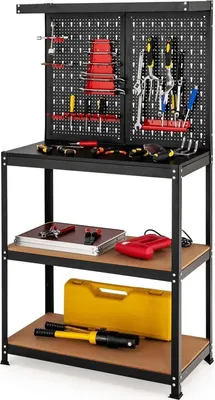 Image de Établi - Banc d'atelier - Panneau perforé - 2 étagères inférieures - 13 éléments de suspension inclus - Pour le rangement des outils - Noir